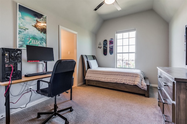 bedroom featuring baseboards, vaulted ceiling, a ceiling fan, and light colored carpet