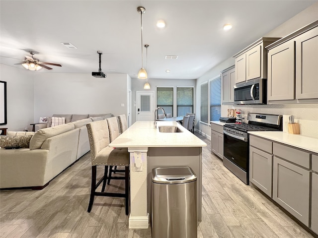 kitchen with light hardwood / wood-style floors, a kitchen island with sink, sink, stainless steel appliances, and decorative light fixtures