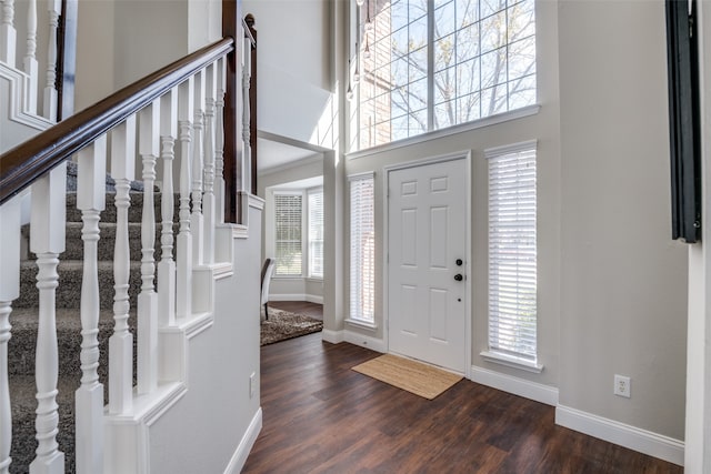 entryway with a towering ceiling and dark hardwood / wood-style flooring