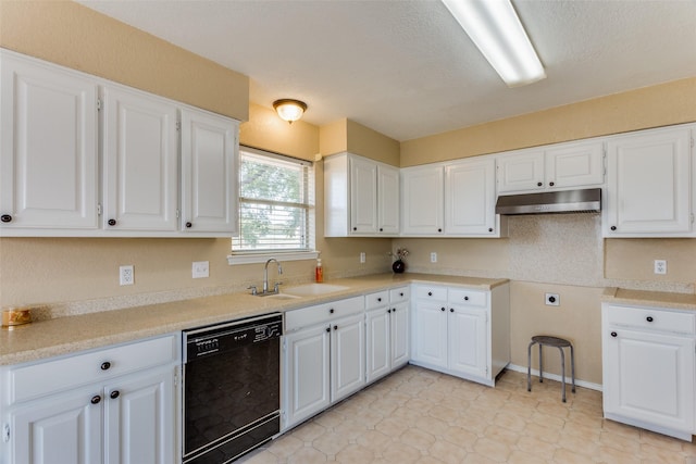 kitchen featuring white cabinets, dishwasher, sink, and a textured ceiling