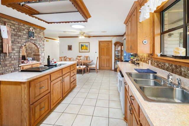 kitchen featuring sink, white dishwasher, black electric stovetop, ornamental molding, and light tile patterned flooring