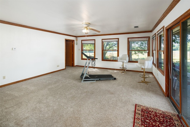 exercise room with ornamental molding, carpet floors, and ceiling fan