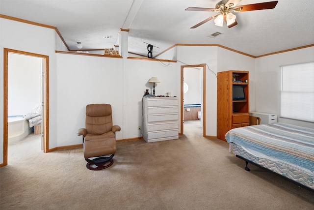 carpeted bedroom featuring crown molding, connected bathroom, a textured ceiling, and ceiling fan