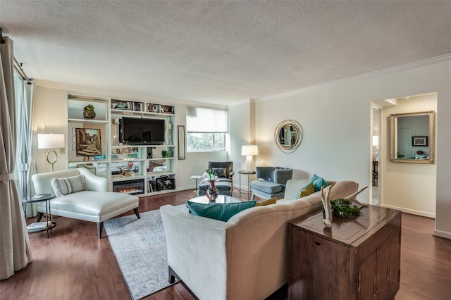 living room featuring a textured ceiling, ornamental molding, and dark hardwood / wood-style flooring