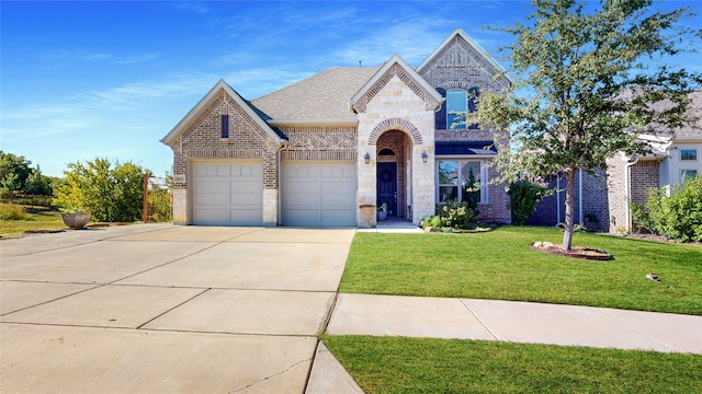 view of front facade with a front lawn and a garage