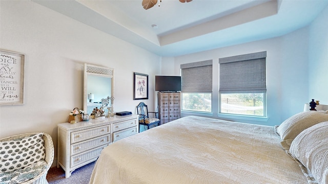 bedroom featuring a tray ceiling, ceiling fan, and dark carpet