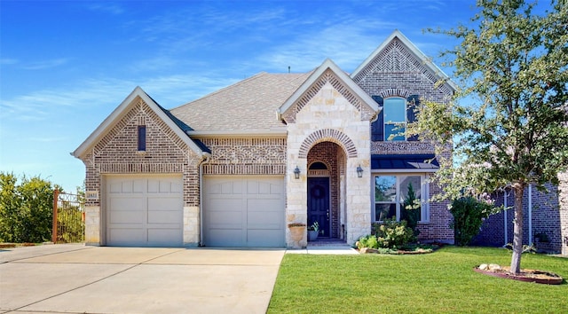 french provincial home featuring stone siding, brick siding, a front lawn, and roof with shingles