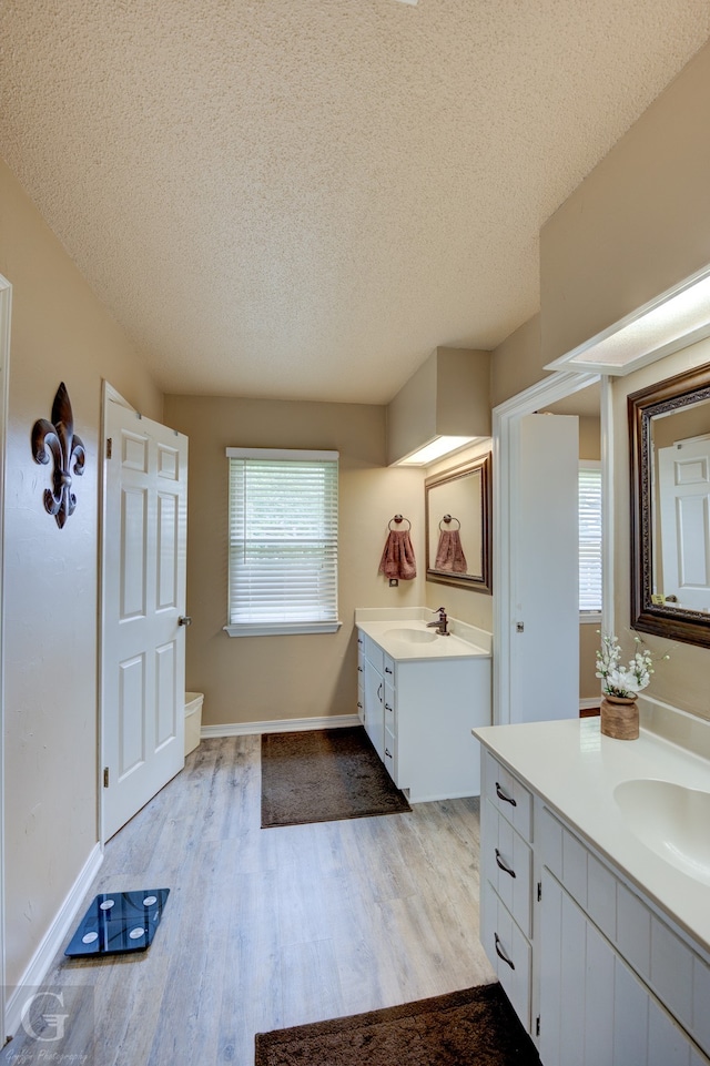 bathroom with wood-type flooring, vanity, a textured ceiling, and a healthy amount of sunlight