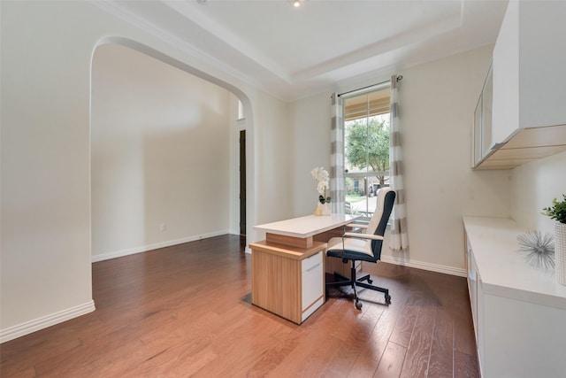 home office featuring a raised ceiling and light hardwood / wood-style flooring