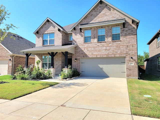 view of front facade with a garage, a front lawn, and a porch