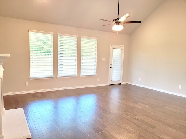 unfurnished living room with ceiling fan, lofted ceiling, and hardwood / wood-style floors