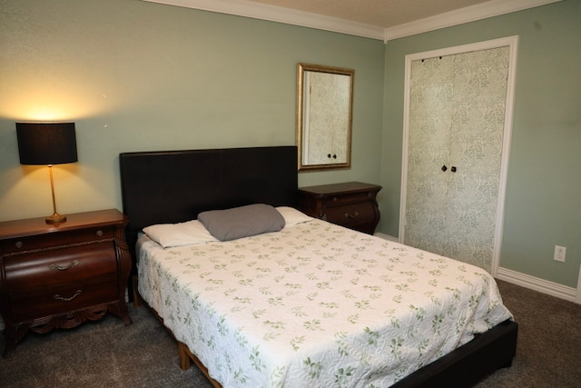 carpeted bedroom featuring a closet and crown molding