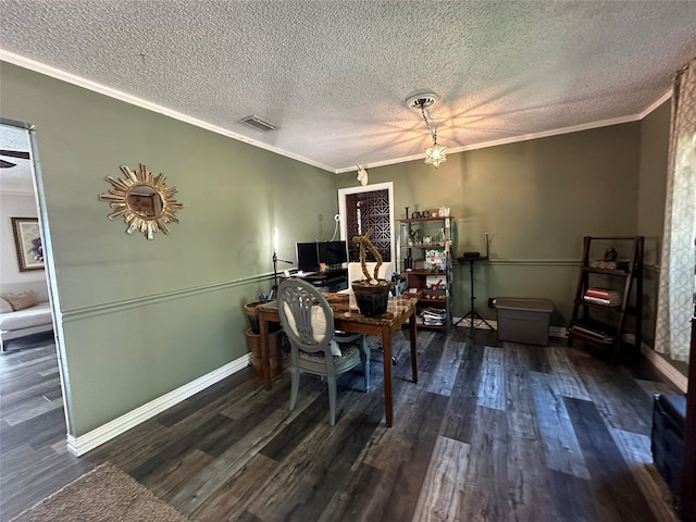 dining space with a textured ceiling, dark hardwood / wood-style flooring, and crown molding