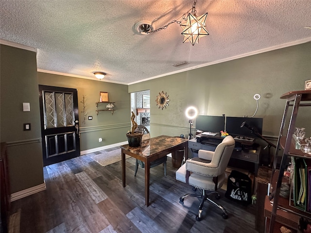 office area with dark hardwood / wood-style flooring, a textured ceiling, and ornamental molding