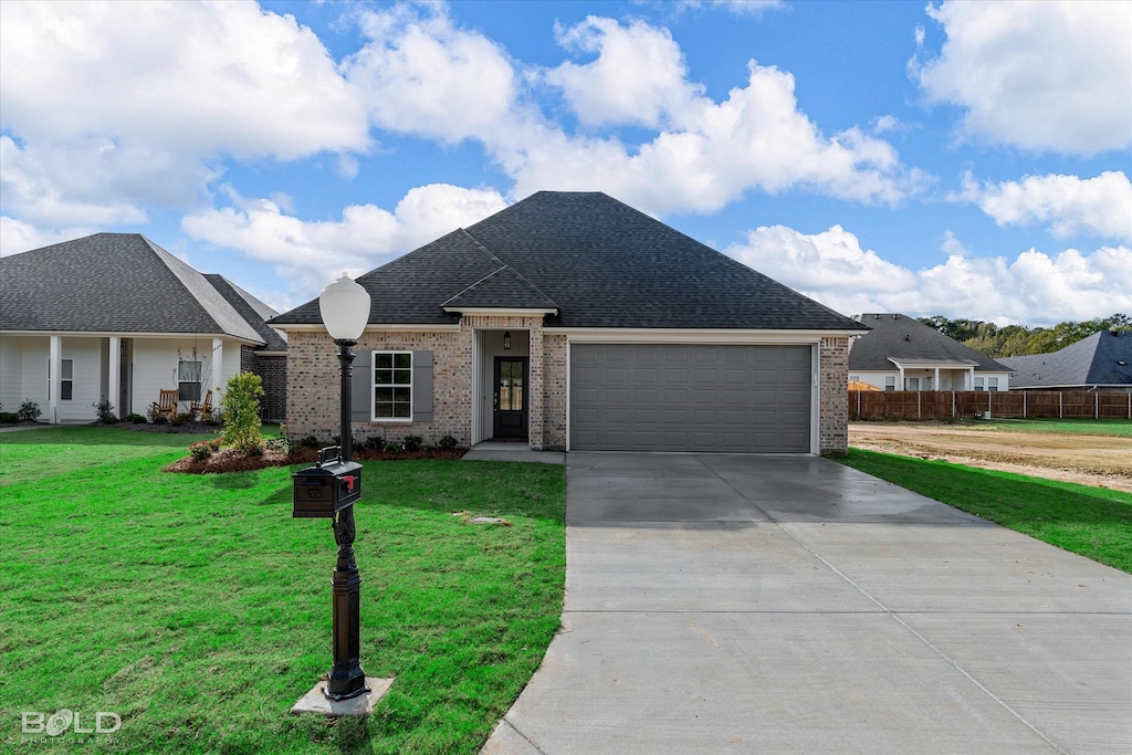 view of front of house with a front yard and a garage