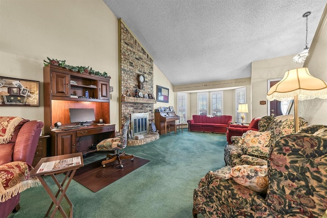 living room with carpet, a textured ceiling, high vaulted ceiling, and a brick fireplace