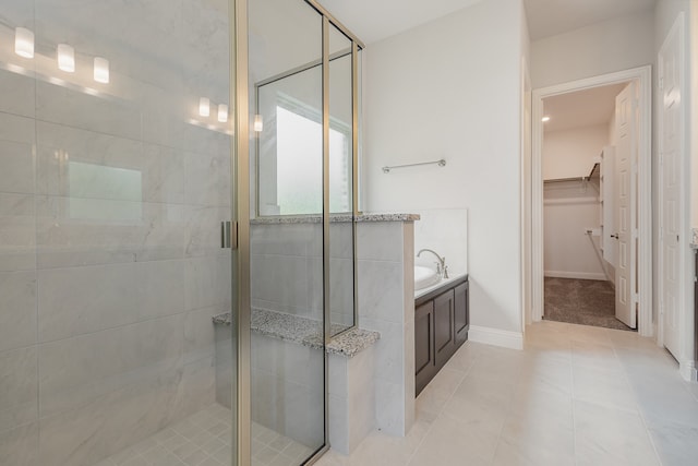 bathroom with tile patterned flooring and plus walk in shower