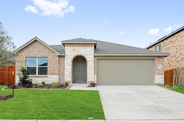 view of front of property with a garage and a front lawn