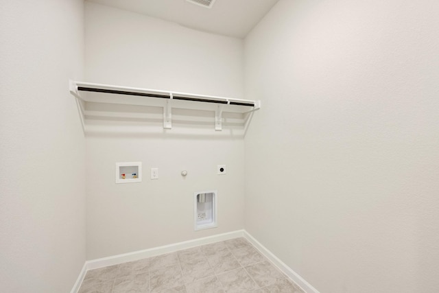 clothes washing area with hookup for a gas dryer, hookup for a washing machine, light tile patterned flooring, and hookup for an electric dryer