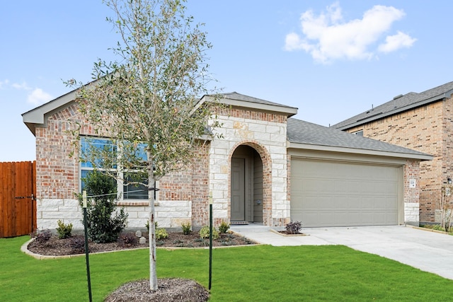 ranch-style house featuring a front yard and a garage