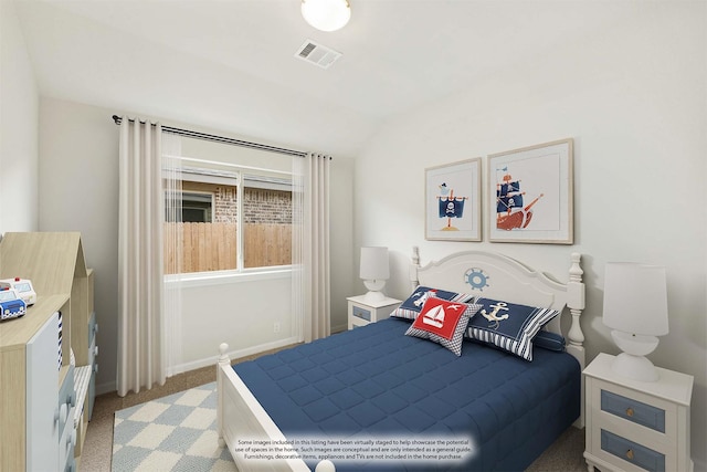 bedroom featuring light carpet and lofted ceiling