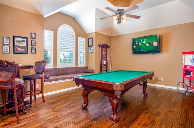 playroom featuring lofted ceiling, pool table, ceiling fan, and hardwood / wood-style floors