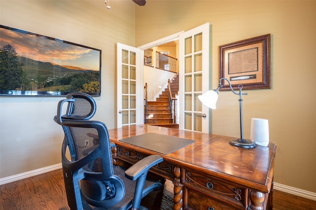 office featuring french doors and dark wood-type flooring