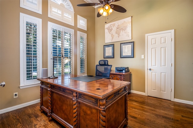 home office featuring ceiling fan, plenty of natural light, and dark wood-type flooring