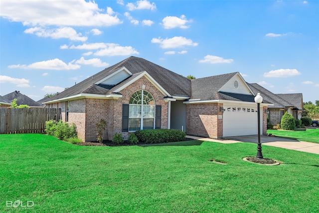 view of front of house with a garage and a front lawn