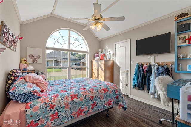 bedroom featuring ornamental molding, vaulted ceiling, ceiling fan, and dark hardwood / wood-style flooring