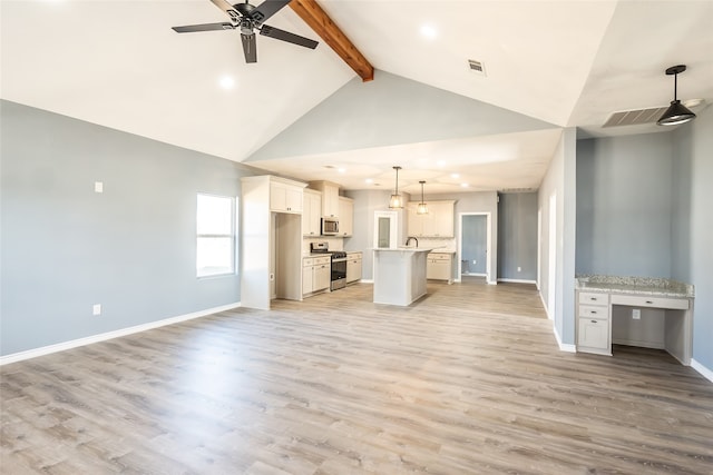 unfurnished living room with ceiling fan, beam ceiling, light hardwood / wood-style floors, and high vaulted ceiling