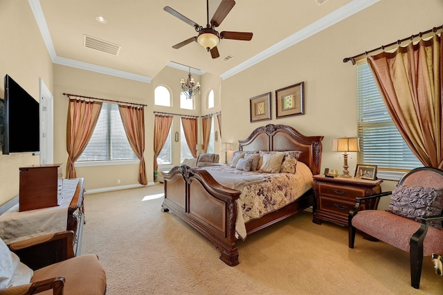 bedroom with light colored carpet, ceiling fan with notable chandelier, and ornamental molding