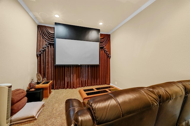 cinema room featuring carpet flooring and crown molding