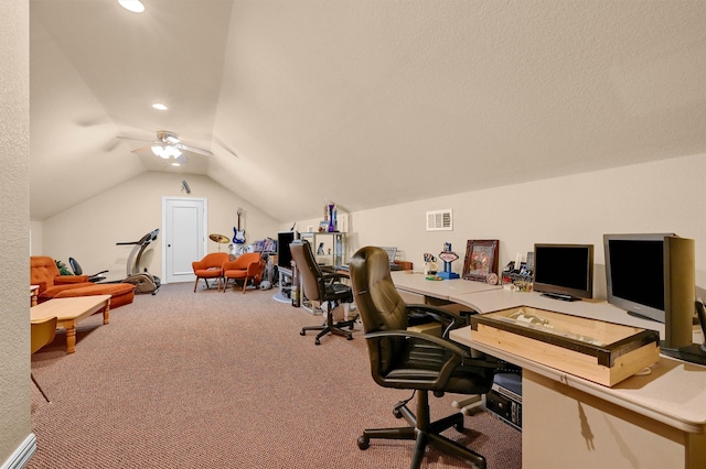 carpeted office space featuring ceiling fan and lofted ceiling