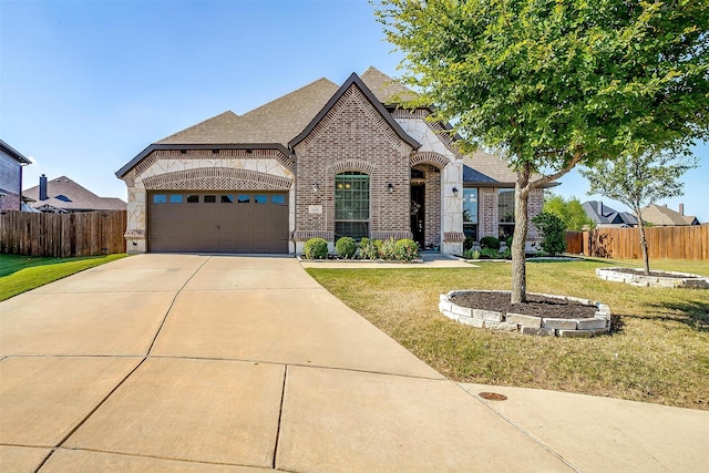 french country inspired facade featuring a front yard and a garage