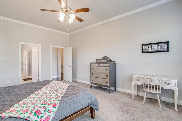 carpeted bedroom featuring ornamental molding and ceiling fan