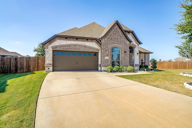 view of front of house with a front yard and a garage