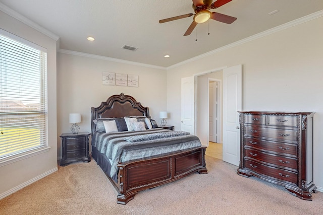 carpeted bedroom featuring ceiling fan, crown molding, and multiple windows