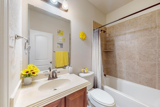 full bathroom with vanity, toilet, and shower / bathtub combination with curtain