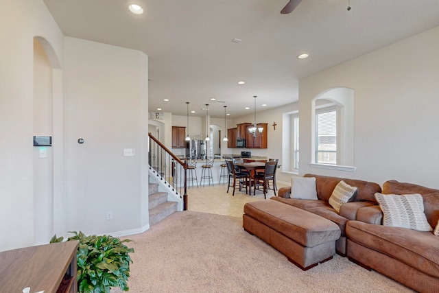 living room featuring light colored carpet