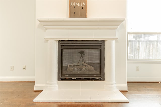 room details with hardwood / wood-style flooring and a fireplace