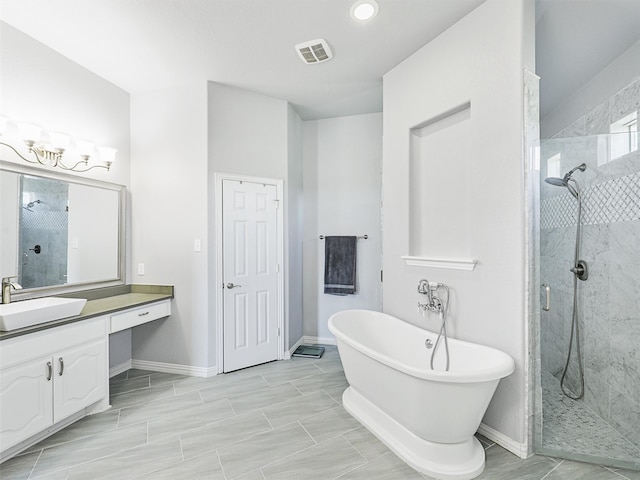 bathroom with vanity and plus walk in shower