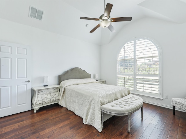 bedroom featuring vaulted ceiling, ceiling fan, and dark hardwood / wood-style flooring