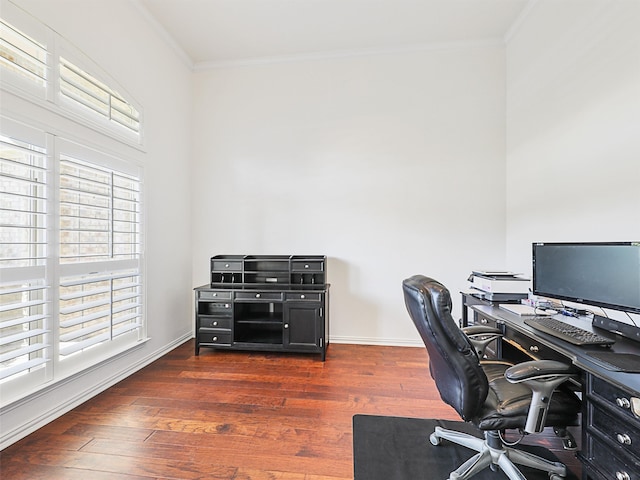 office space featuring crown molding and dark hardwood / wood-style flooring