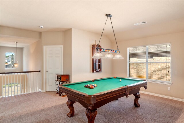 rec room featuring carpet flooring and billiards