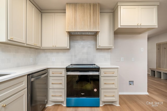 kitchen featuring beverage cooler, custom exhaust hood, light hardwood / wood-style flooring, decorative backsplash, and black range with electric cooktop