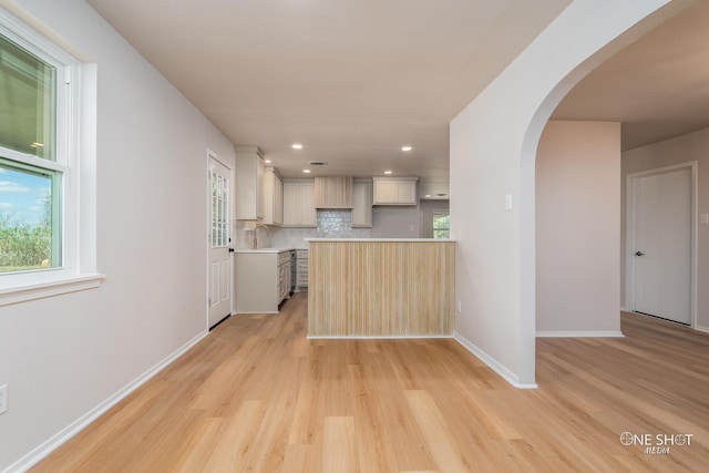 kitchen with backsplash, light hardwood / wood-style floors, and sink