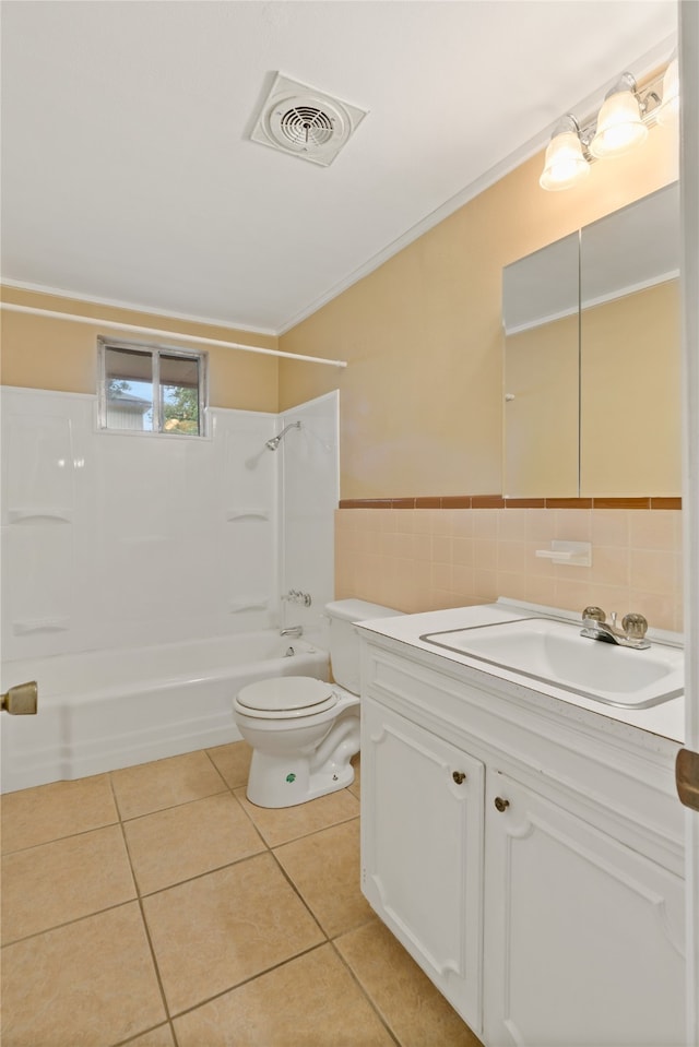 full bathroom with shower / bathtub combination, vanity, toilet, and tile patterned floors