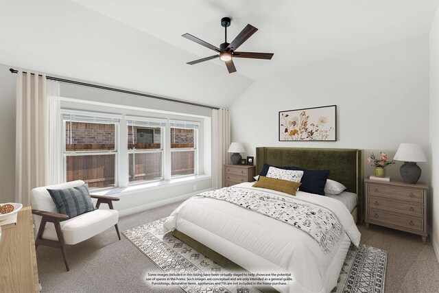 empty room with lofted ceiling, ceiling fan, and carpet