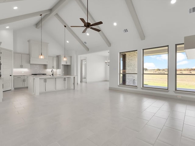 unfurnished living room with beam ceiling, visible vents, high vaulted ceiling, and a ceiling fan